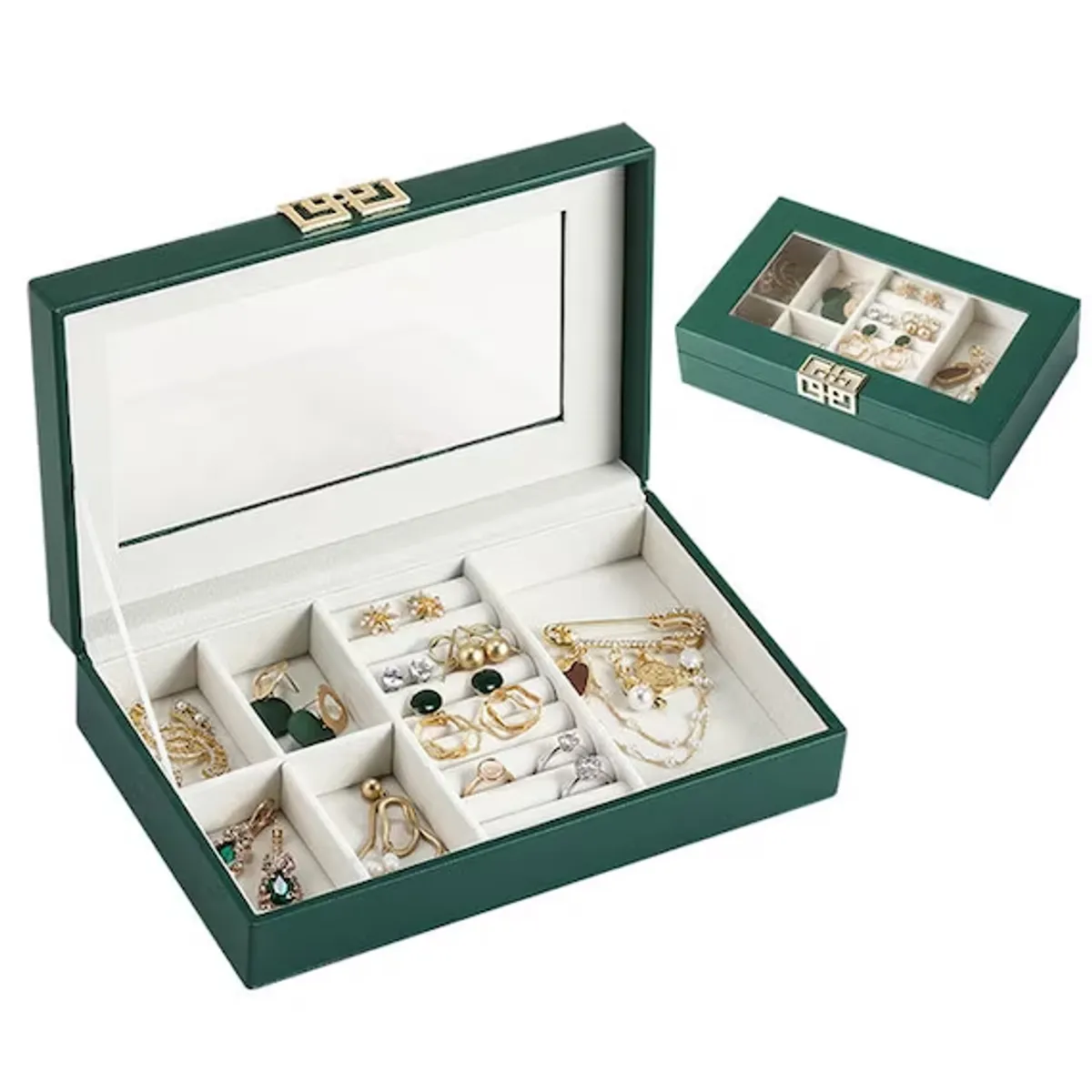 Green Leather Rings Necklace Velvet Jewelry Storage Box
