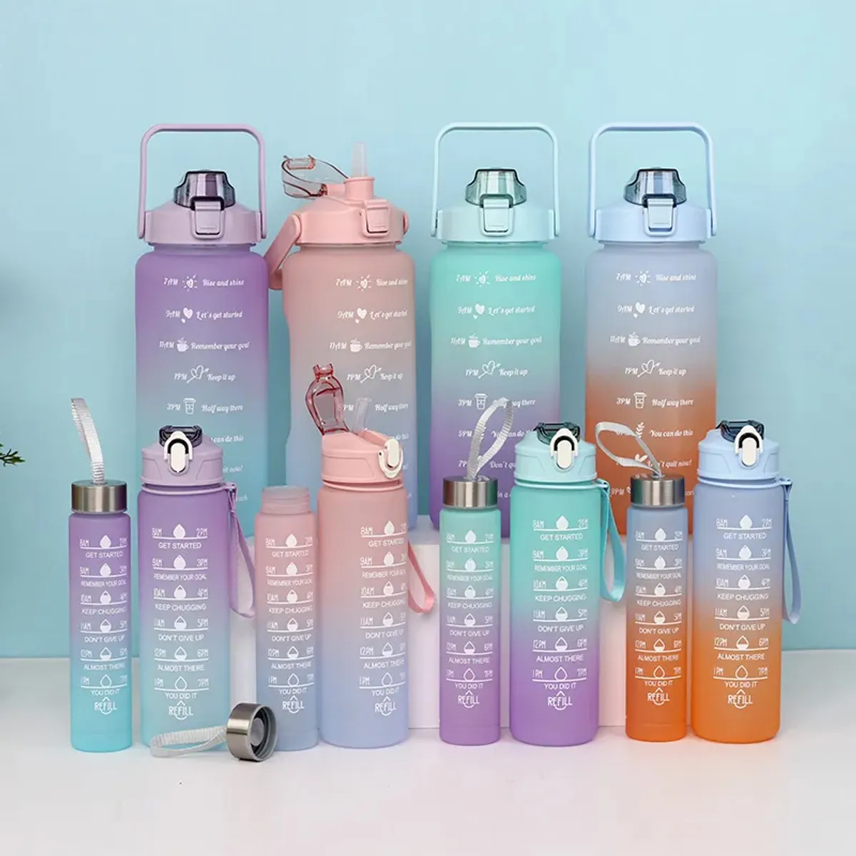 3-in-1 Gradient Motivational Water Bottle Set - 2L, 900ml & 300ml