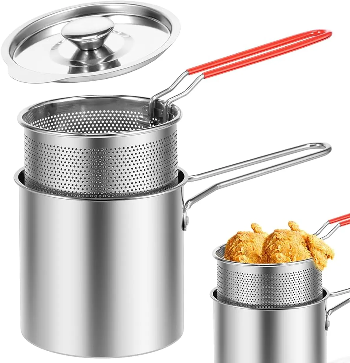 304 Stainless Steel Deep Frying Pot With Free Tongs - Multicolor