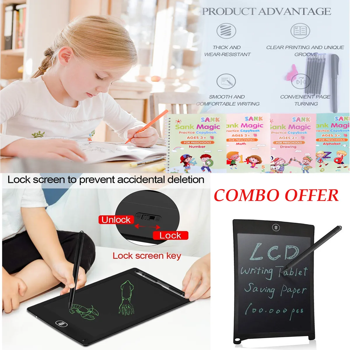 4Pcs Magic Writing Book & 8.5" LCD Writing Tablet Set - Kids Learning Toy