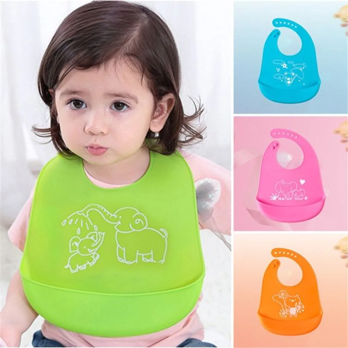 Waterproof Silicone Baby Bib With Food Catcher Pocket - Multicolor