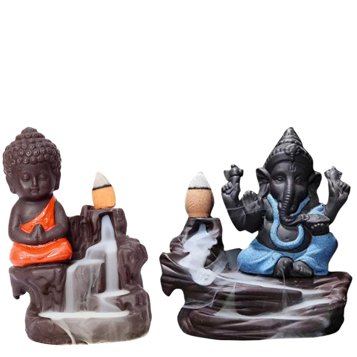 Ganesha & Buddha Backflow Incense Burner With 40 Incense Cones - 9cm