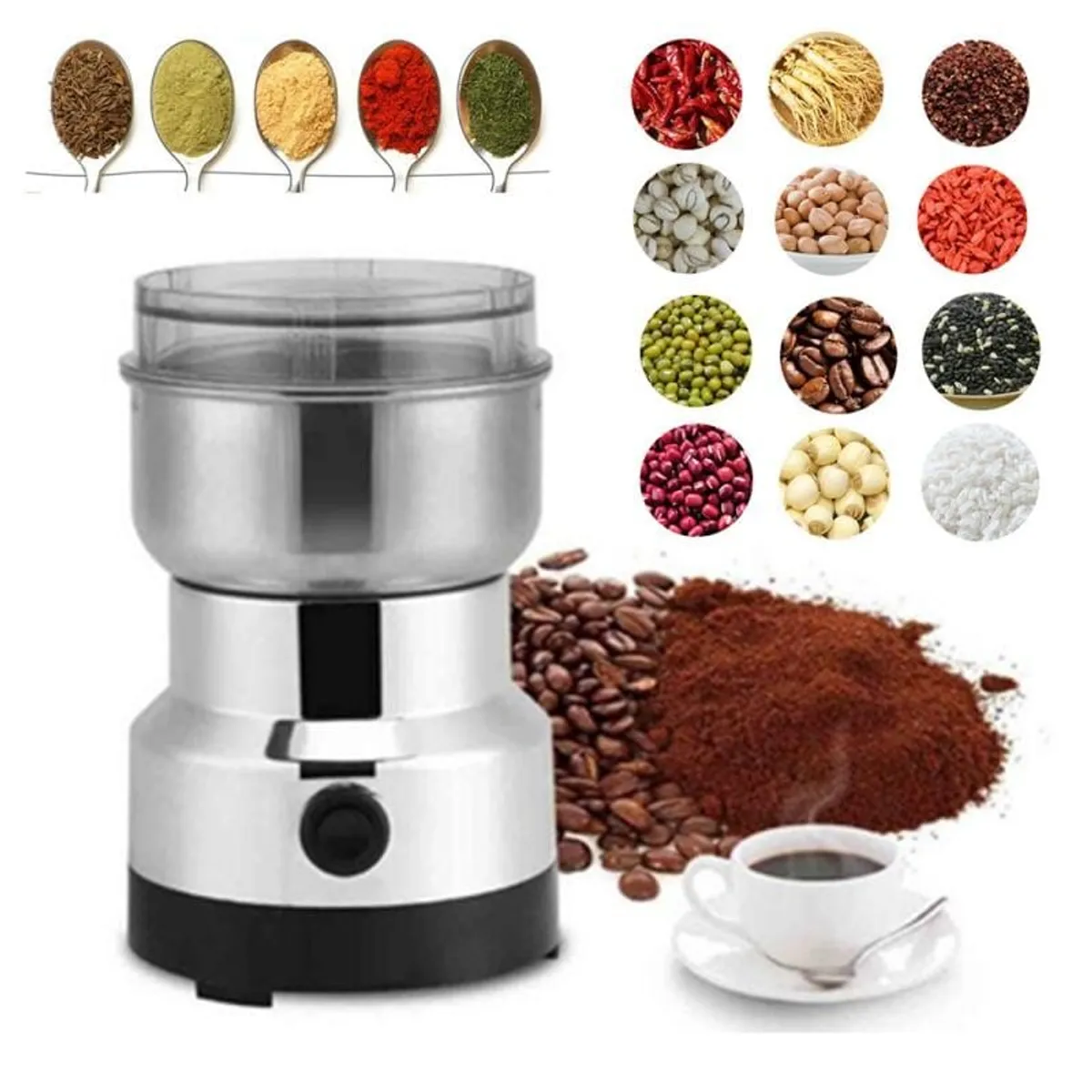 Mini Electric Grain Grinder With Stainless Steel Blade for Coffee, Nuts & Seeds