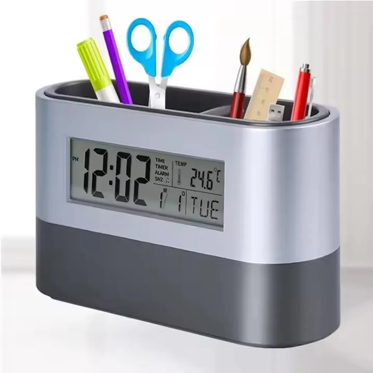 Oval Desk Stand Pen Holder with Digital Table Clock Office & Home Desk Decor - Multicolor