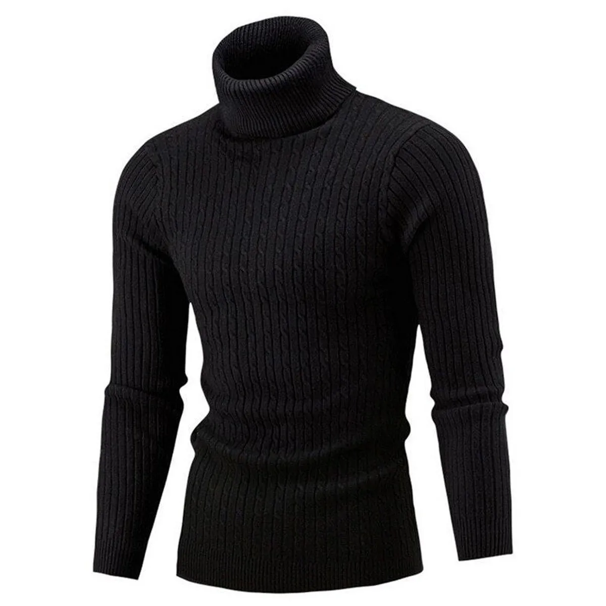 Spring Warm Turtleneck Sweater Men Fashion Solid Knitted Men Sweaters Casual Men Double Collar Slim Pullover - One Size (Black)