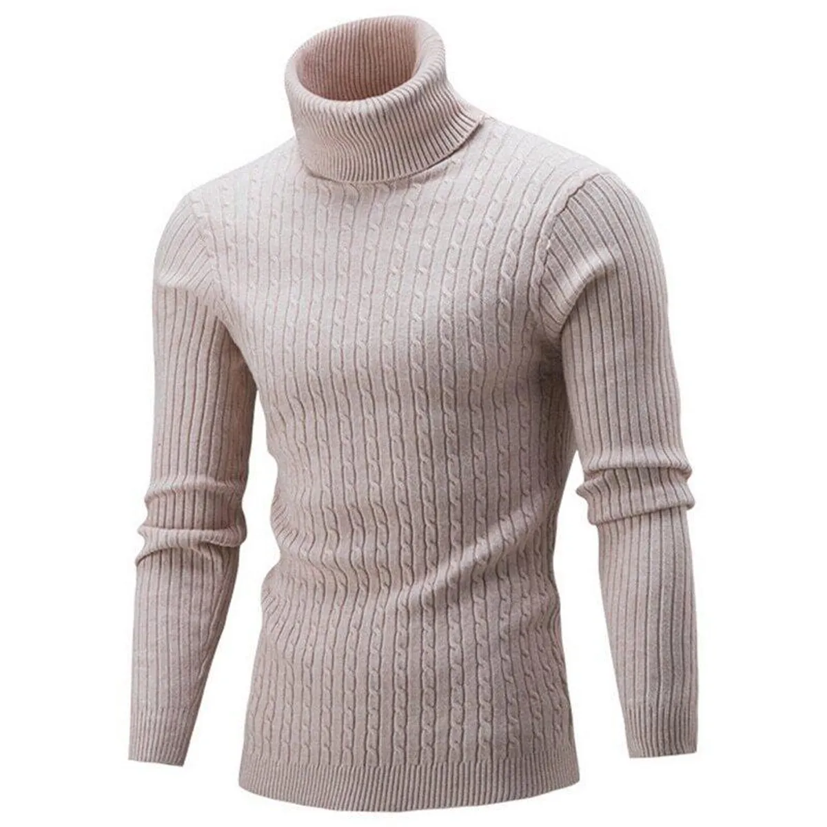 Spring Warm Turtleneck Sweater Men Fashion Solid Knitted Men Sweaters Casual Men Double Collar Slim Pullover  - One Size (Cream)