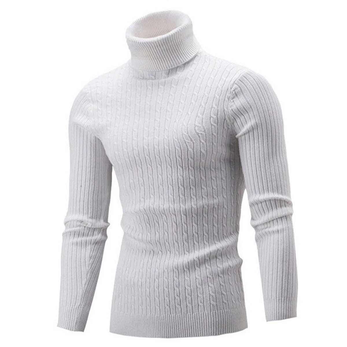 Spring Warm Turtleneck Sweater Men Fashion Solid Knitted Men Sweaters Casual Men Double Collar Slim Pullover  - One size (White)