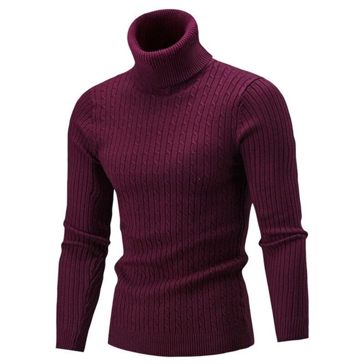 Spring Warm Turtleneck Sweater Men Fashion Solid Knitted Men Sweaters Casual Men Double Collar Slim Pullover - One size (Maroon)