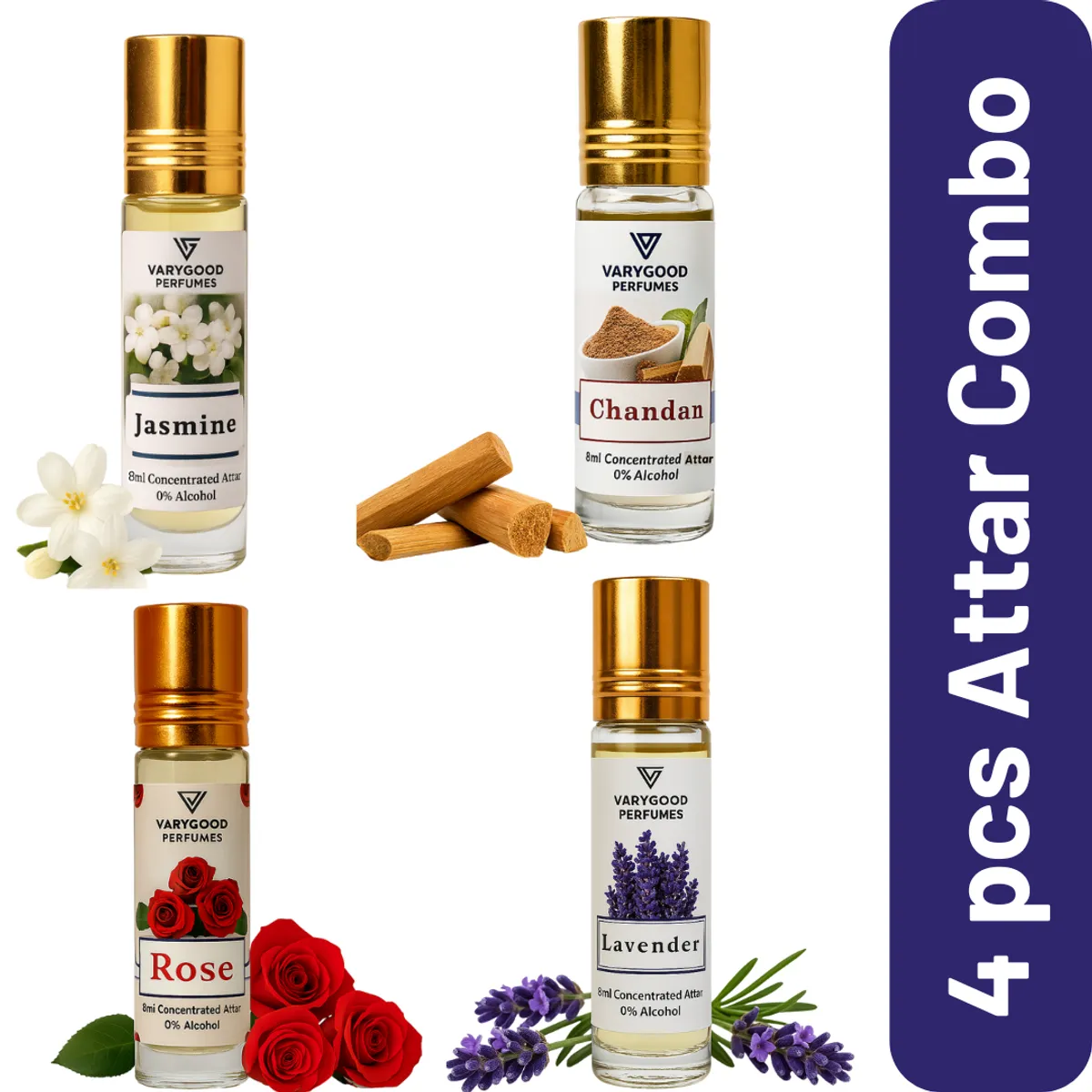 VaryGood 4pcs Attar Combo Floral Series Long Lasting Roll on Perfume For Men Women 4x8ml
