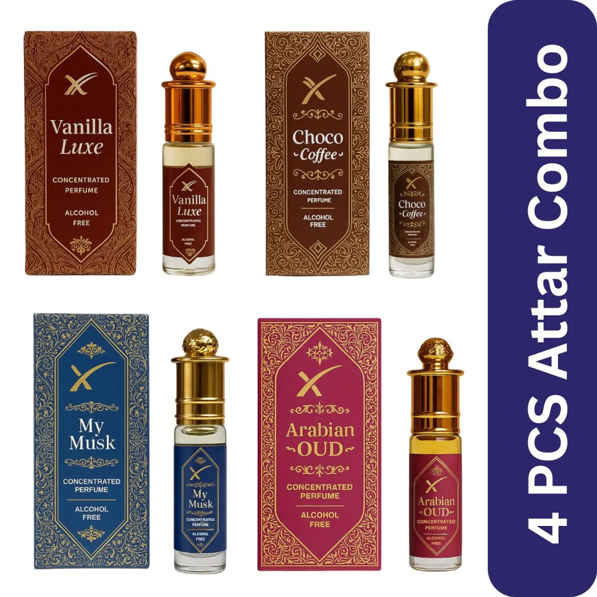 Mount Of Xcel Attar Combo Pack Of 4x6ml - My Musk, Vanilla Luxe, Choco Coffee And Arabian Oud