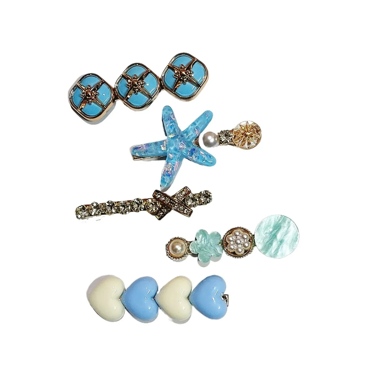 Set Of 5pcs Starfish Korean Style Hair Clips For Women-Blue (M)