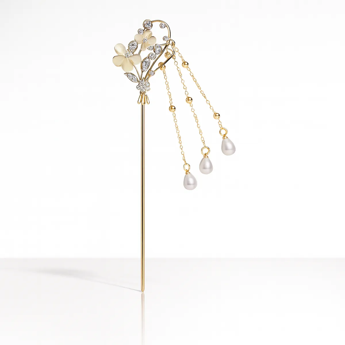 Elegant Butterfly Floral Hair Stick for Women – Vintage Hairpin with Dangling Chains & Pearls – Hair Bun Stick for Bridal, Party, Traditional & Daily Wear-(Gold)