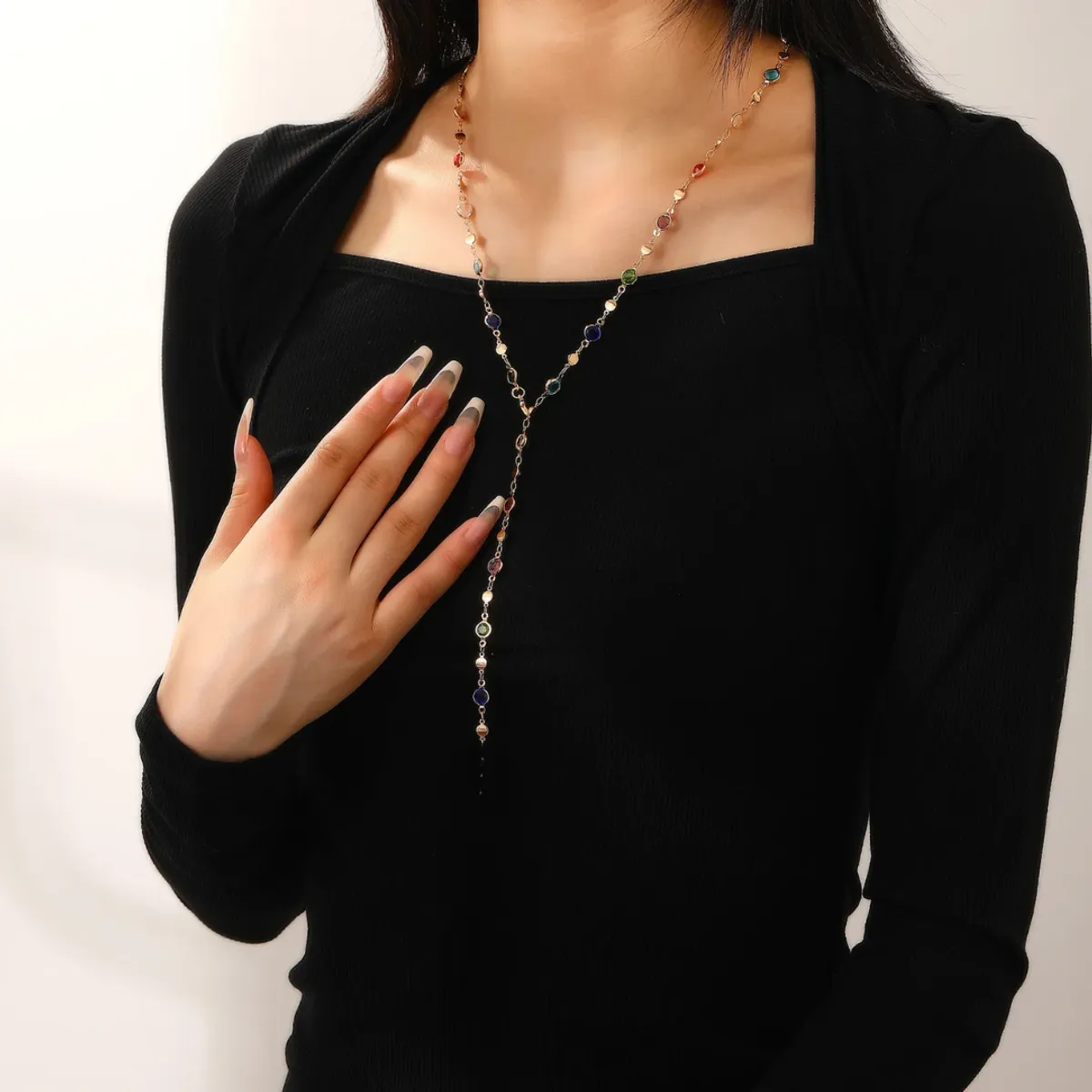 Fashion Chain Long Y-shaped Necklace for Women Simple Metal Gold Color Heart Crystal Clavicle Necklace 80cm-(Gold)