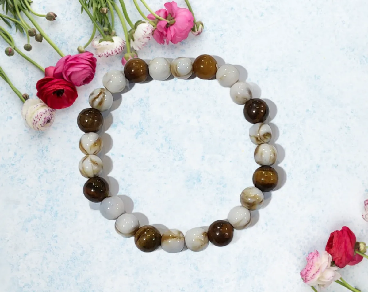 Tiger Eye And Howlite Beads Mixed Stretchable Bracelet For Men Women-(Free Size)