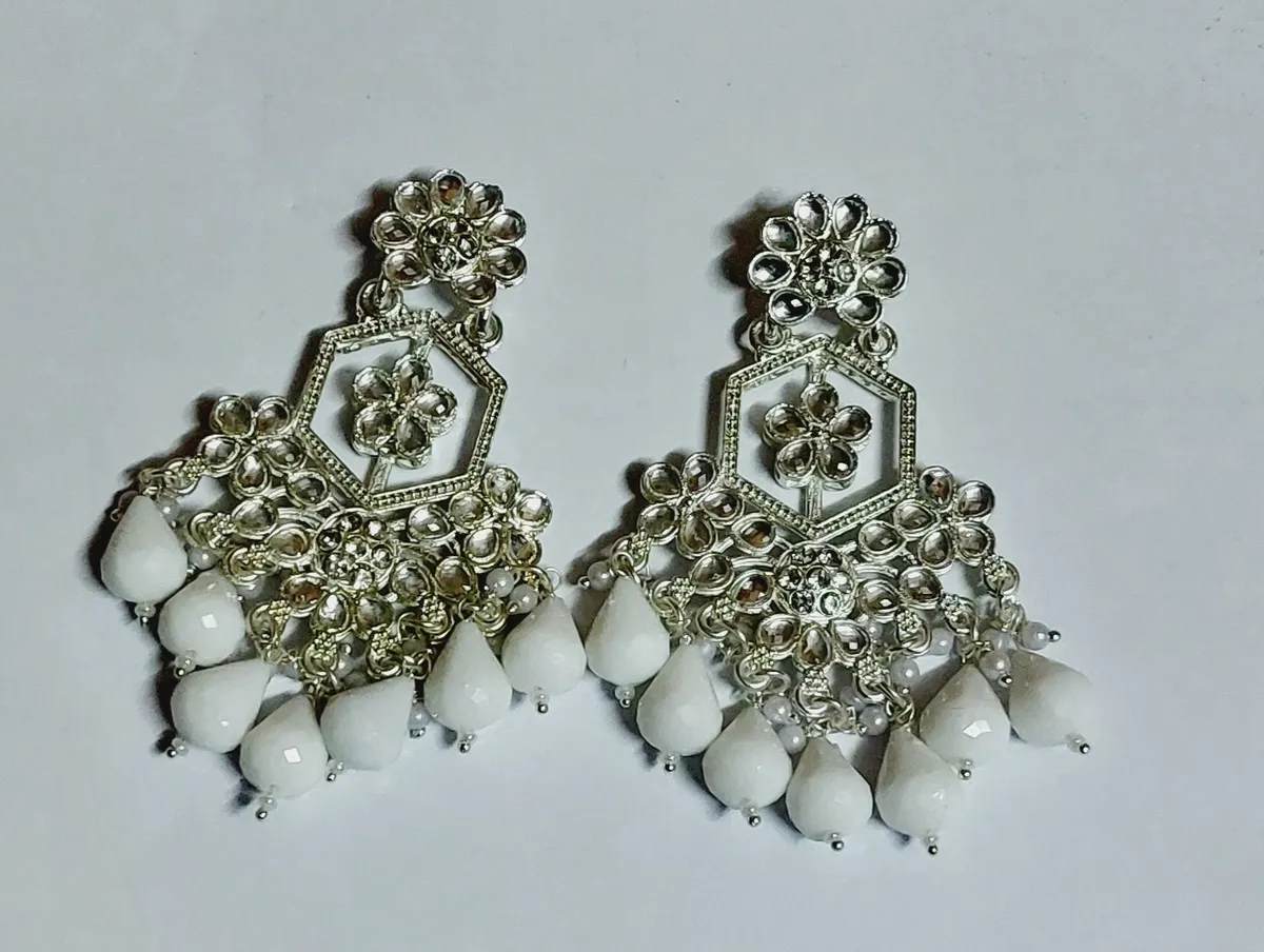 White Beads Floral Pattern Jhumka Earrings For Women - Silver (7 MM)