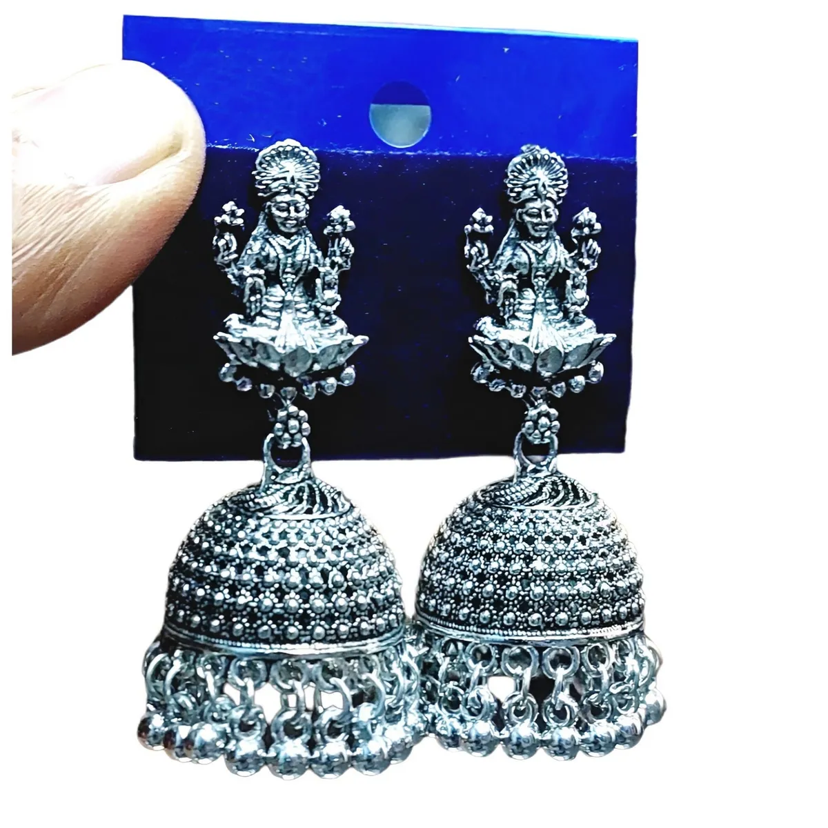 Oxydized Goddess Lakshmi Jhumka Drop Earrings For Women - Silver (65 Mm)
