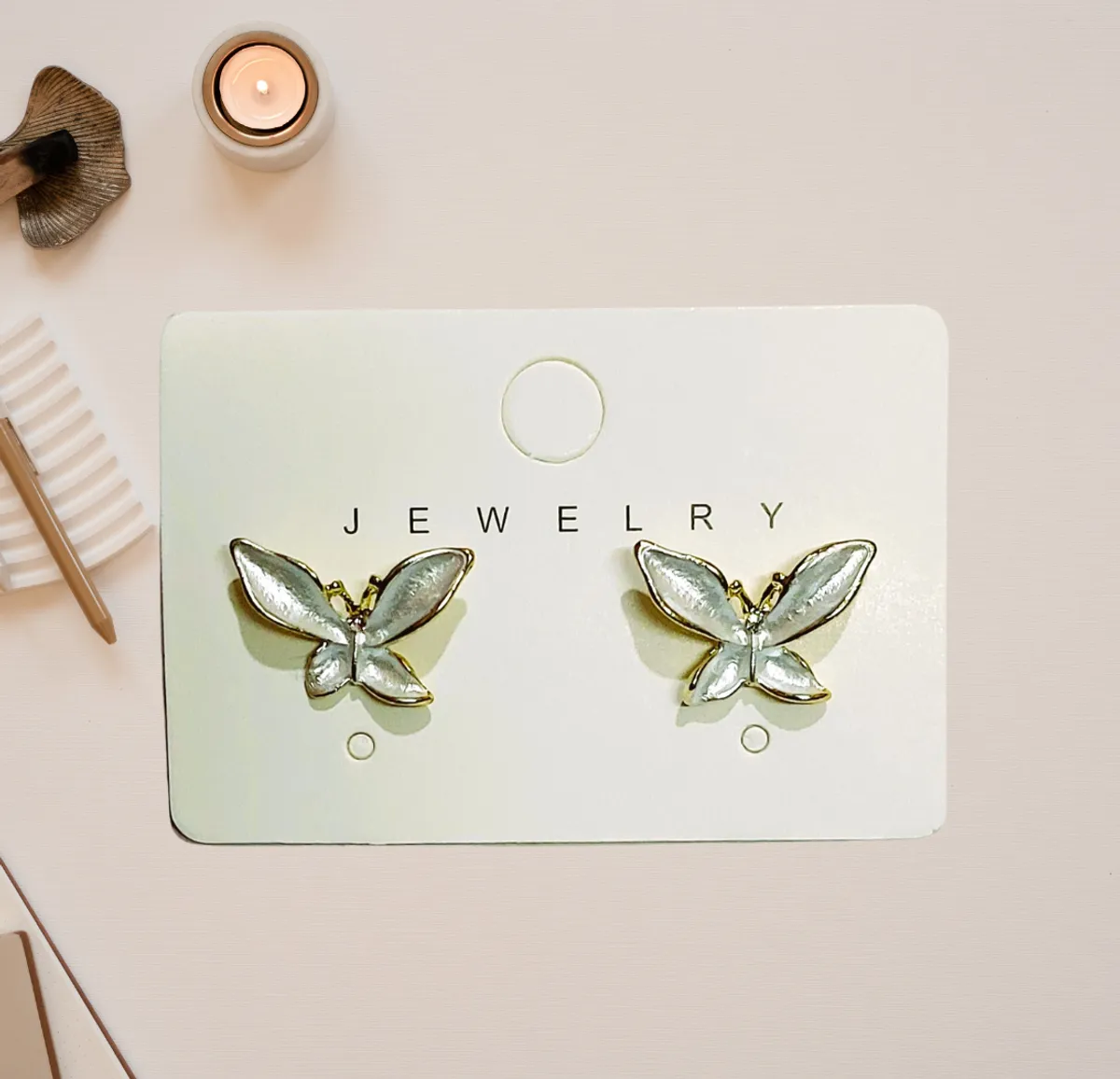 White Fairy Butterfly Stud Earring For Women - Gold (15 Mm)
