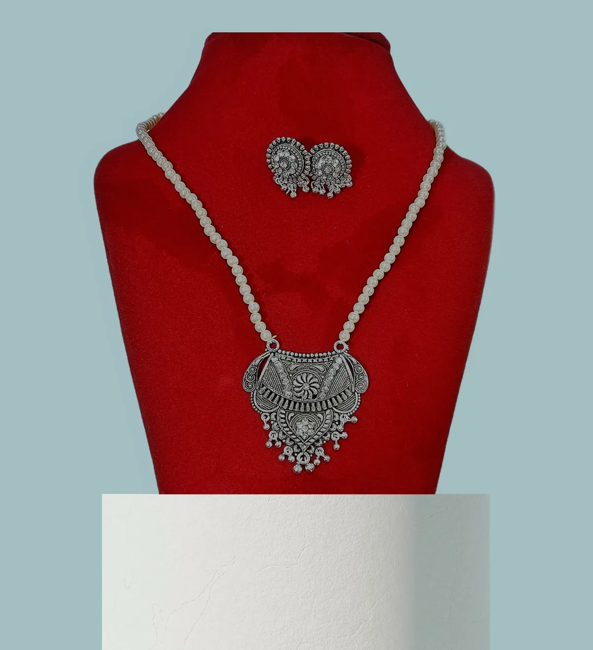 Classy Oxidized Pendant Pearl Necklace Set With Eartop For Women 60cm - Silver(One size)