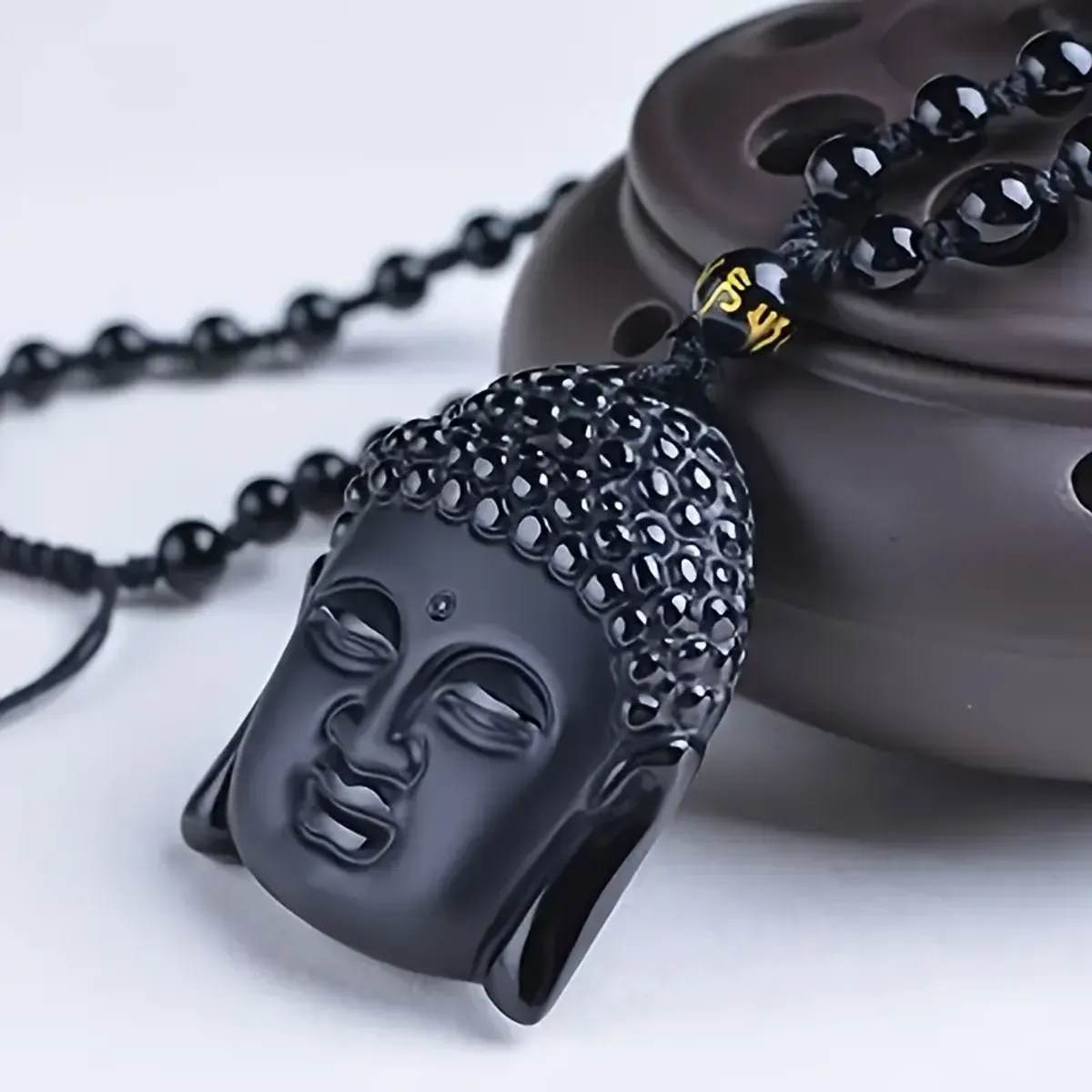 Unisex Lord Buddha Obsidian Pendant Necklace - 60cm