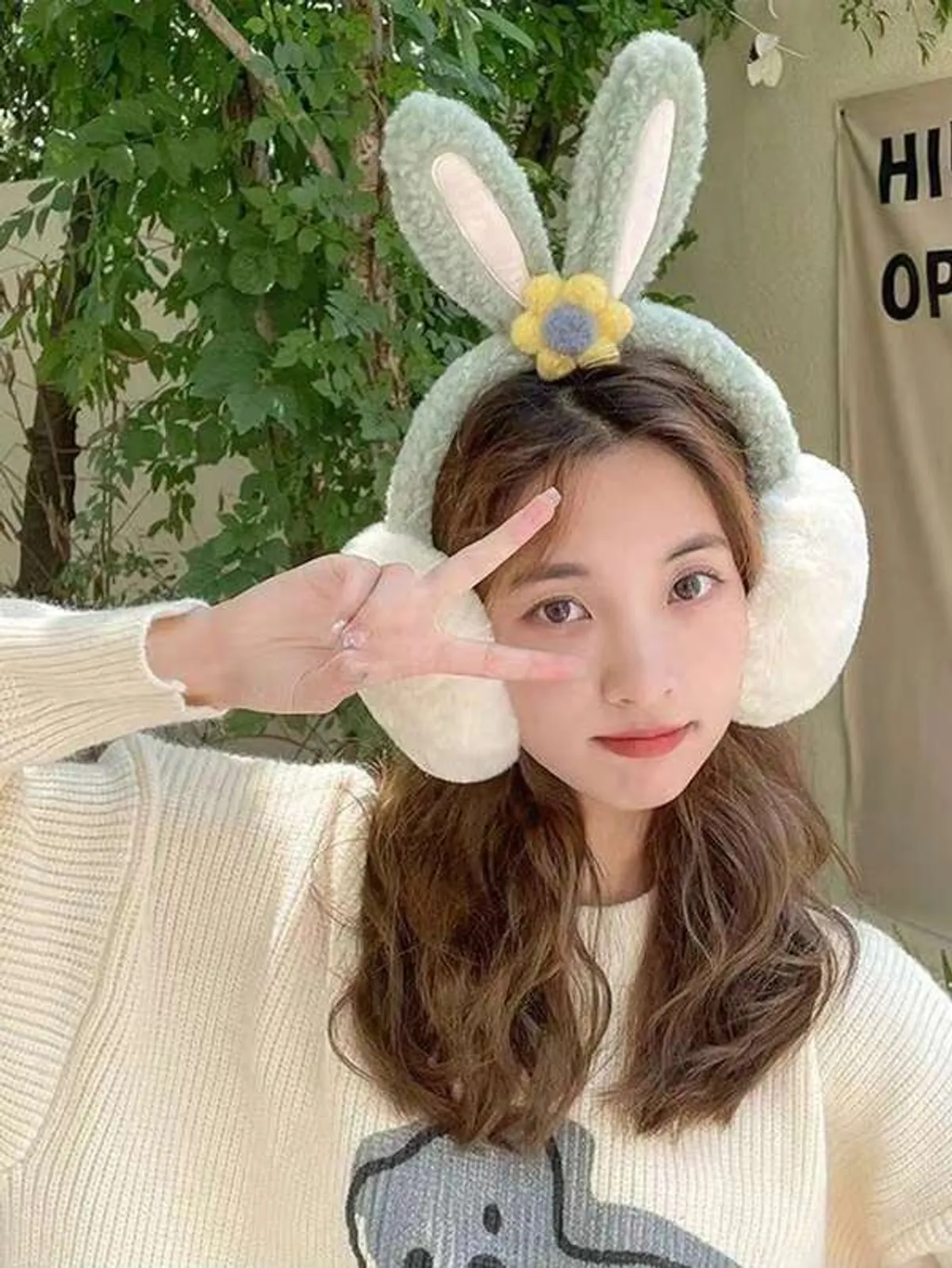 Bunny Ears Foldable Earmuff Plush And Faux Fleece Earmuff For Women