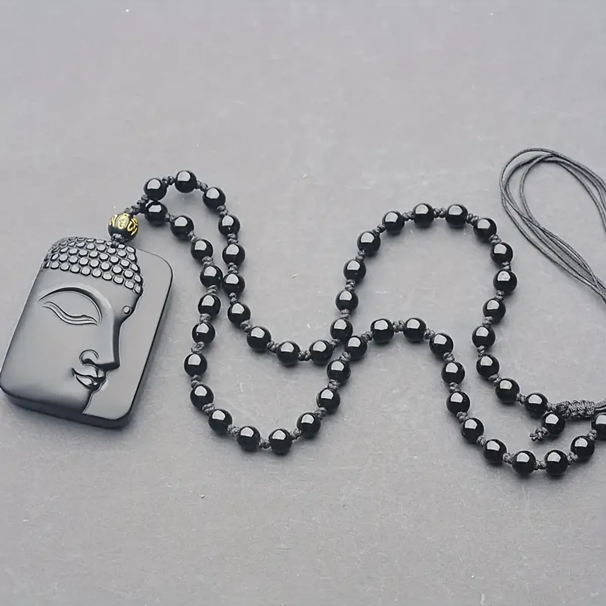 Lord Buddha Obsidian Square Pendant Necklace For Unisex - 60cm