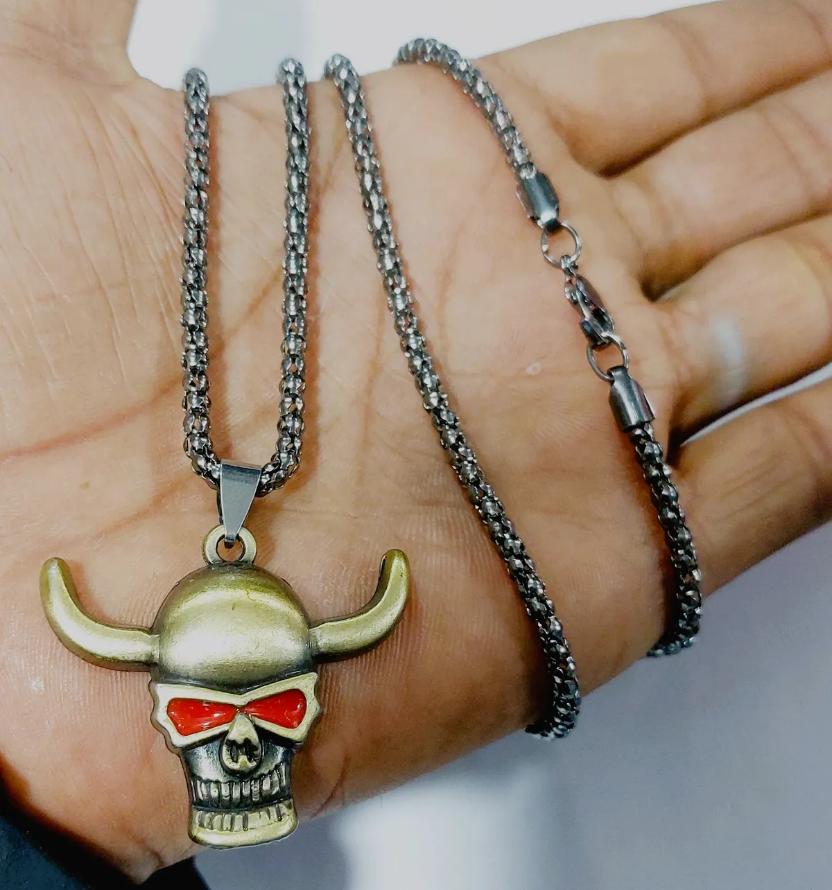 Vintage Skull Horn Pendant Bikers Men's Stainless Cubed Box Chain Necklace 60cm