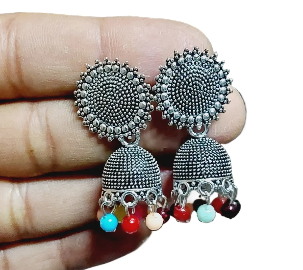Multicolor Beads Minimal Design Oxidized Ear Jhumka For Women - Silver (30 Mm)