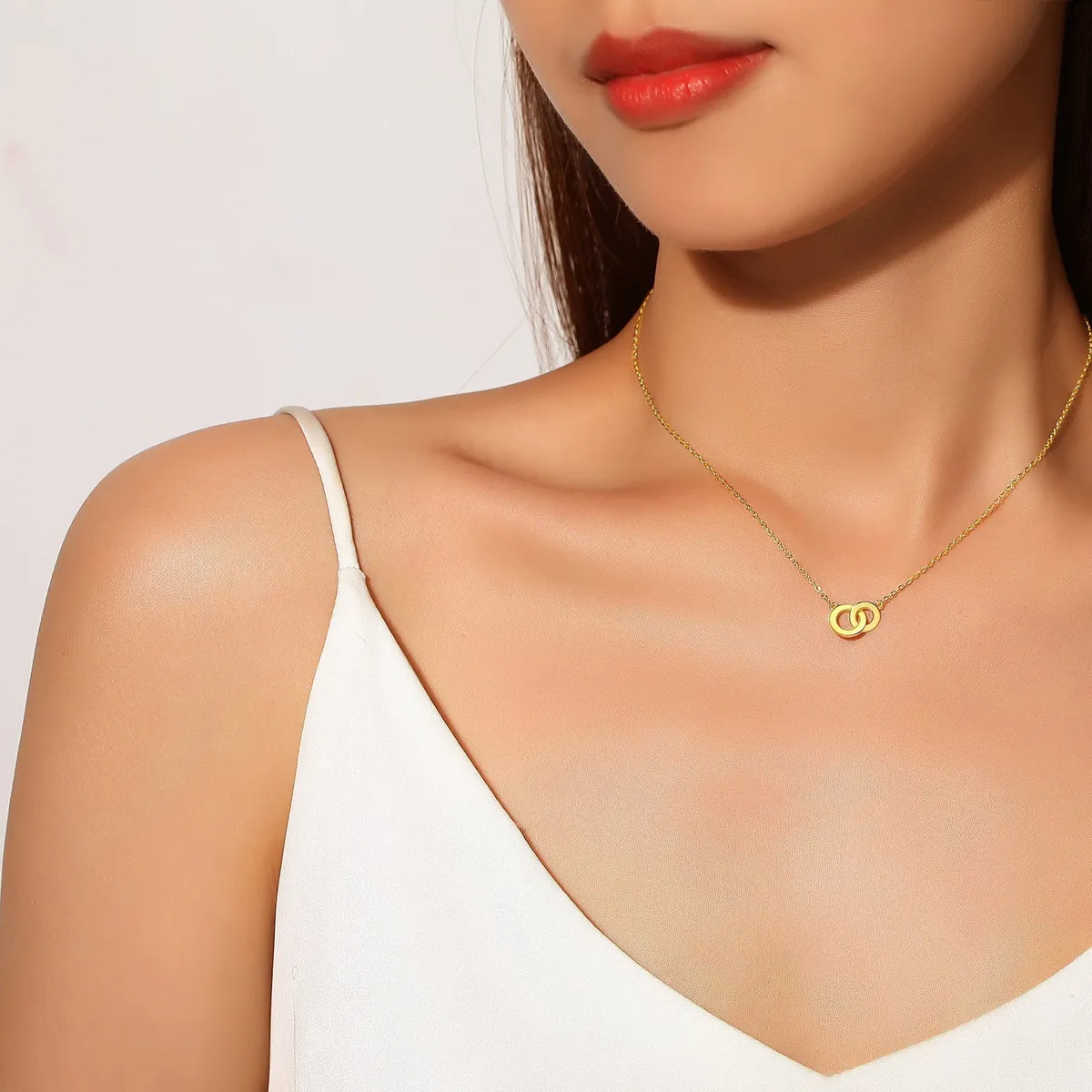 Double Ring Interlocked Pendant For Women 47cm-Gold