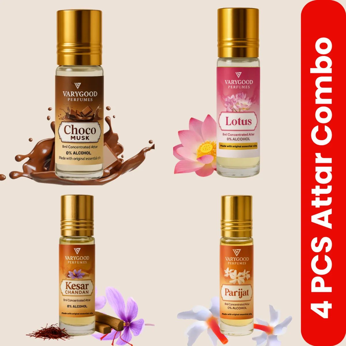 VaryGood 4 Pcs Attar Roll-On Combo (4x8ml) – Parijat, Lotus, Kesar Chandan & Choco Musk | Alcohol-Free Long Lasting Perfume for Men & Women