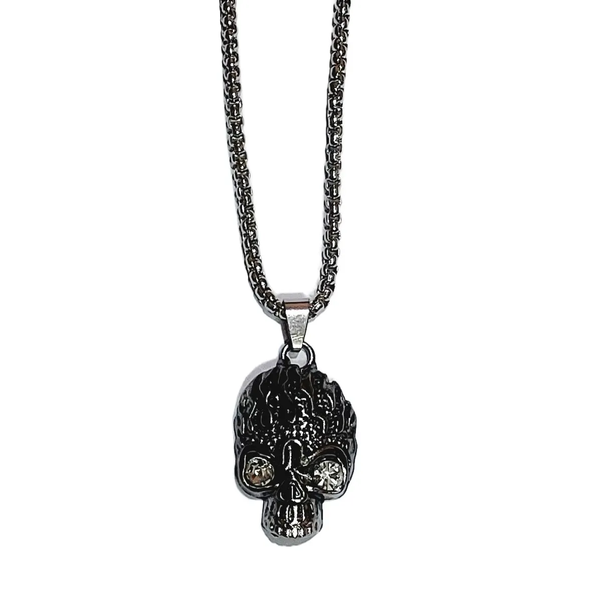 Crystal Eyed Skull Pendant Chain Necklace For Men 60cm-Silver