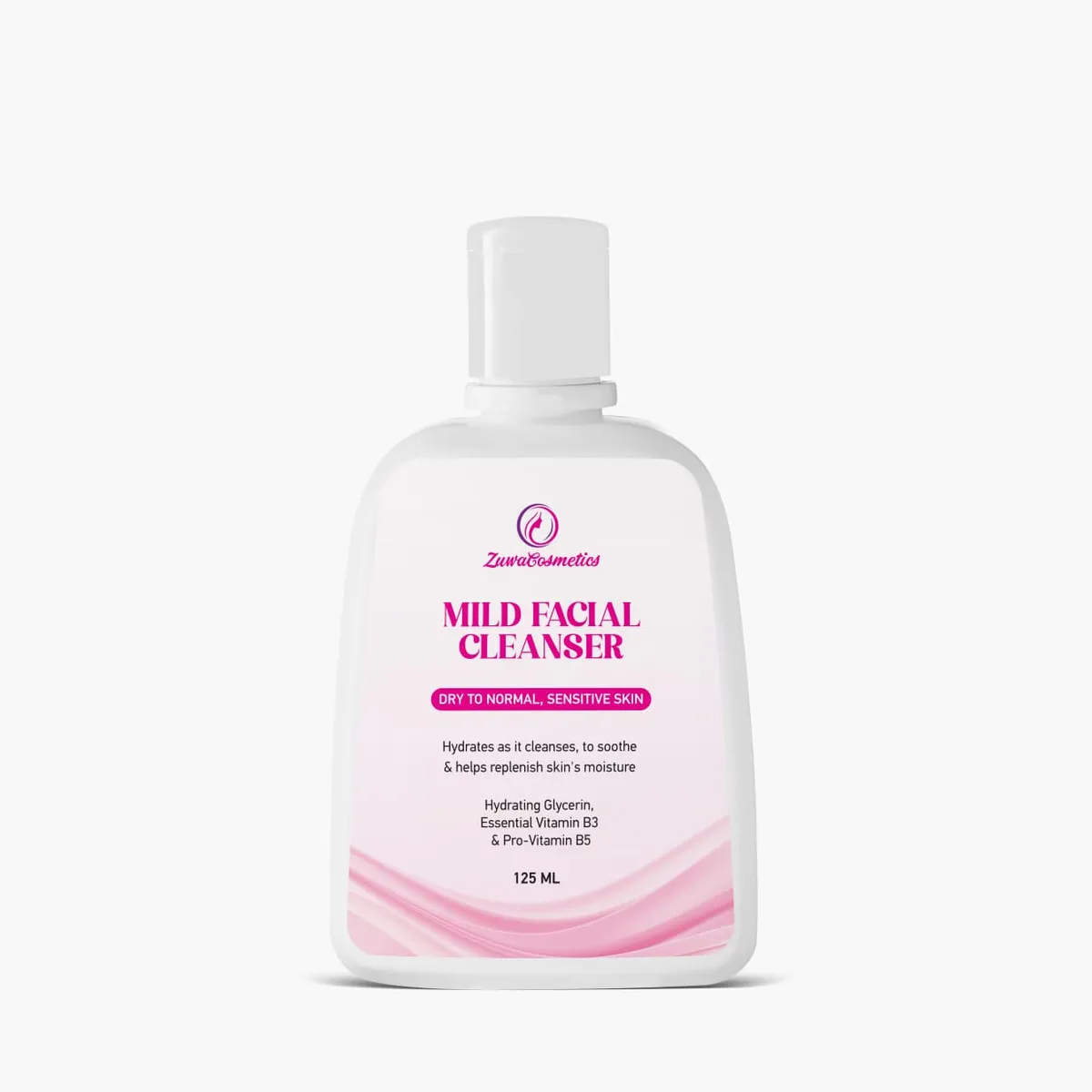 Zuwa Cosmetics Mild Facial Cleanser 125ml – Hydrating Cleanser for Dry to Normal & Sensitive Skin with Glycerin, Vitamin B3 & Pro-Vitamin B5