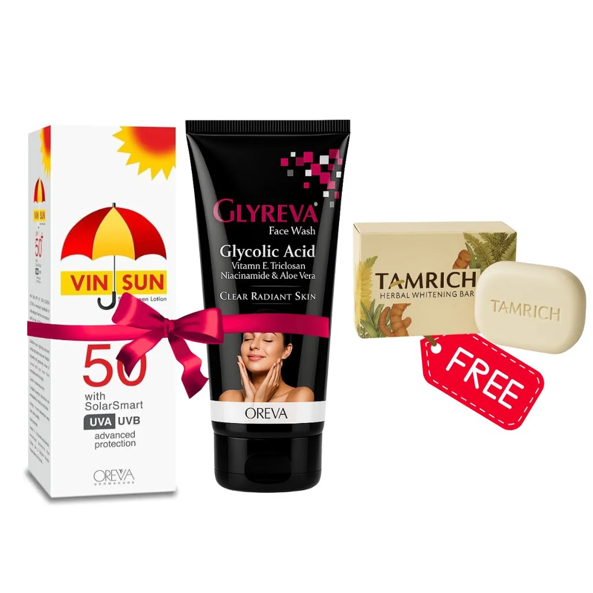 Oreva Dermacare Combo Of Vinsun Sunscreen 60ml And Glyreva Facewash 100ml With Free Tamrich Whitening Soap
