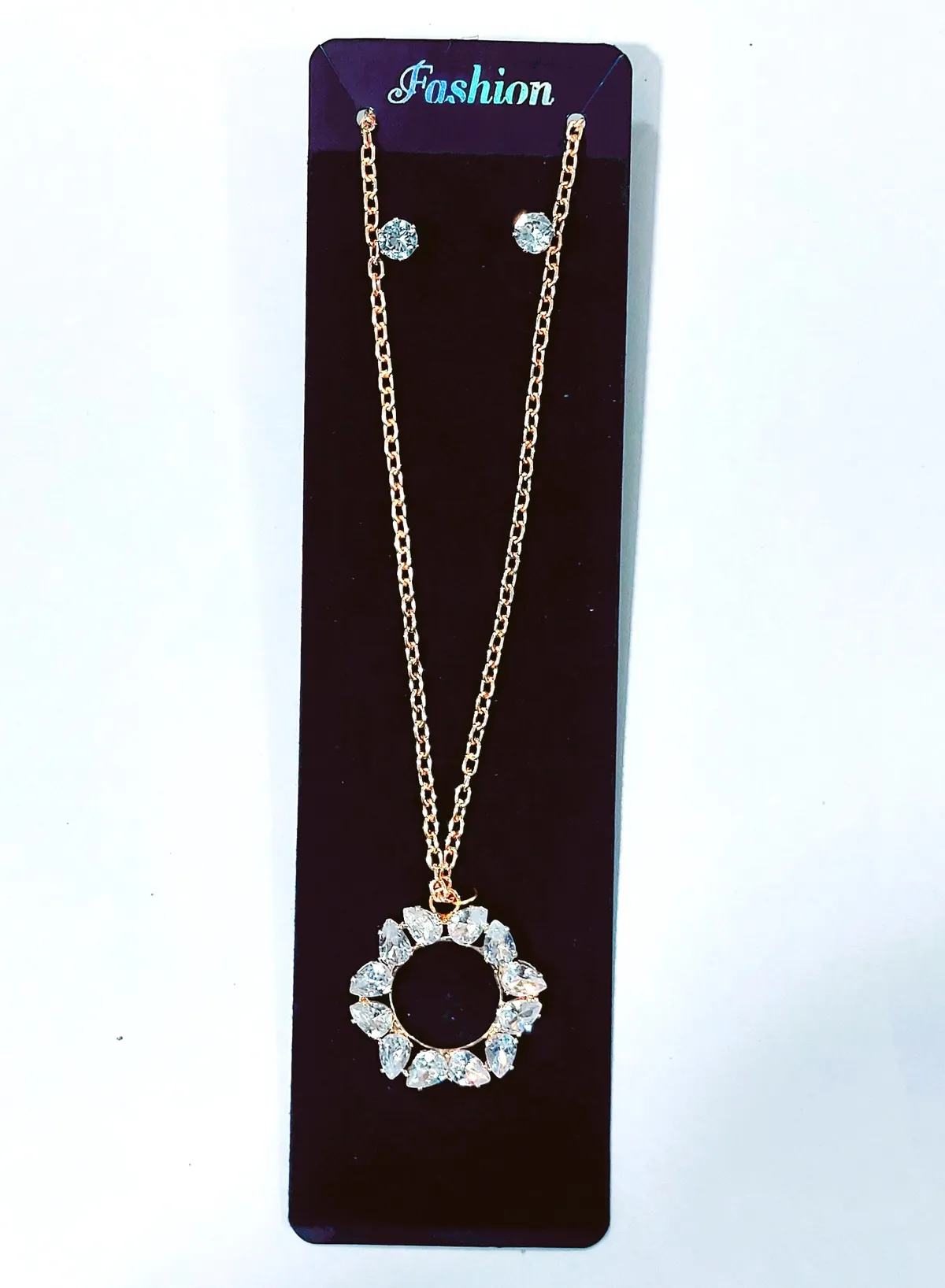 Sparkle Entice 12 Zirconia Studded Circle Pendant Necklace With Eartop For Women 50cm-Rose Gold