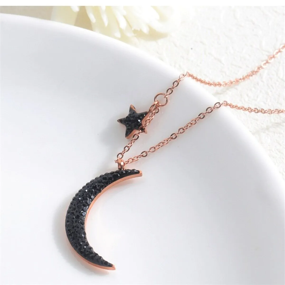 Black Glass Drilled Moon And Star Pendant Stainless Gold Color Necklace For Women 43cm-Gold
