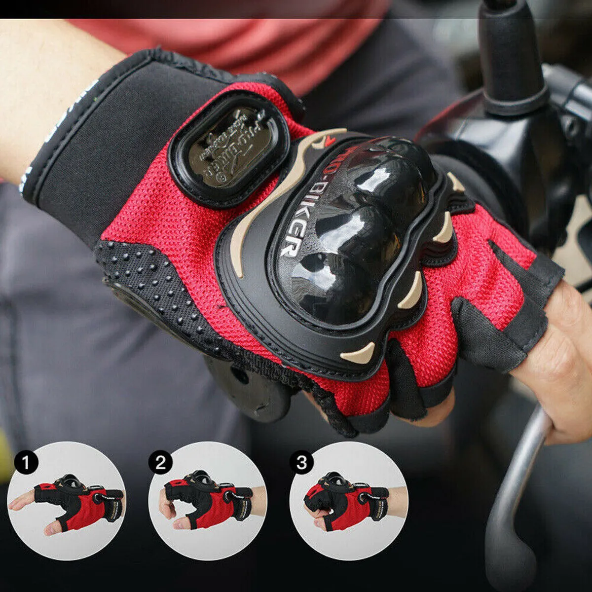 Pro-Biker Racing Short Gloves Cycling Motorcycle Powersports Half Finger Gloves - Red (Free Size)
