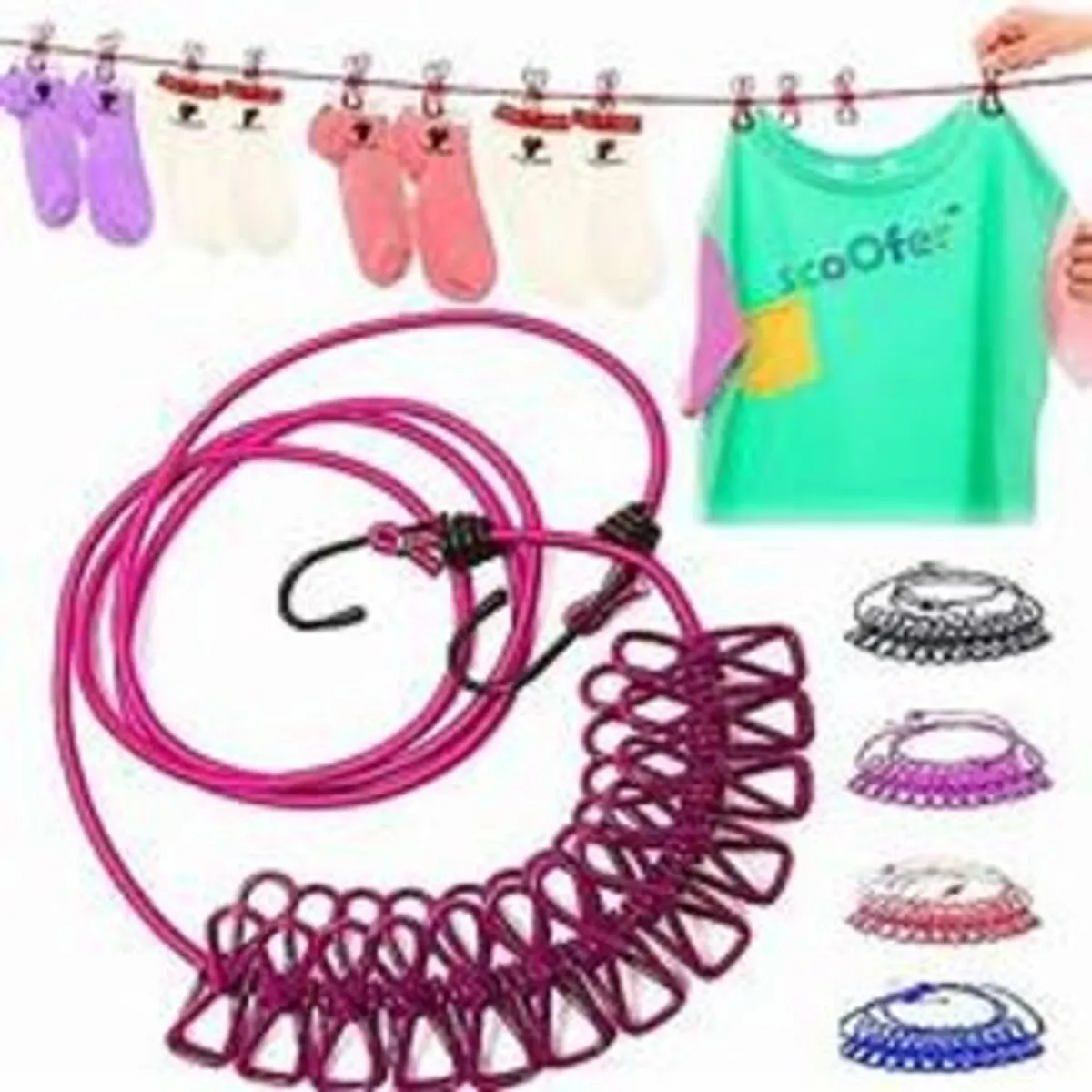 Cloth Drying Rope with Hooks Elastic 12-Clip Non-Slip Clothesline for Indoor & Outdoor Use - Multicolor