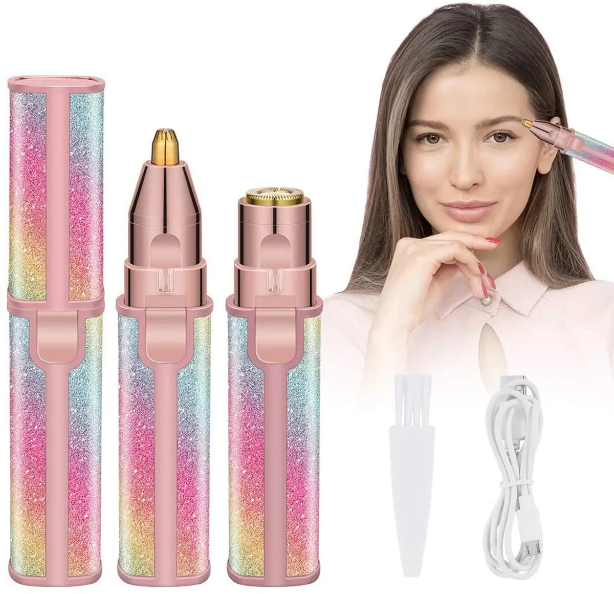 Rechargeable 2-in-1 Facial & Eyebrow Hair Remover Painless Trimmer with LED Light - Multicolor