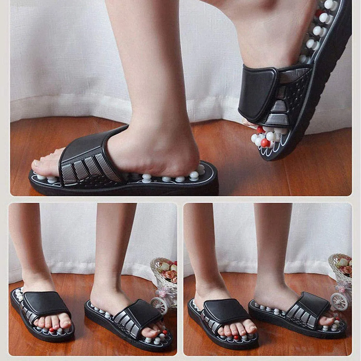 Acupressure Paduka Spring Sandal Foot Reflexology Massage Slippers - Black / White