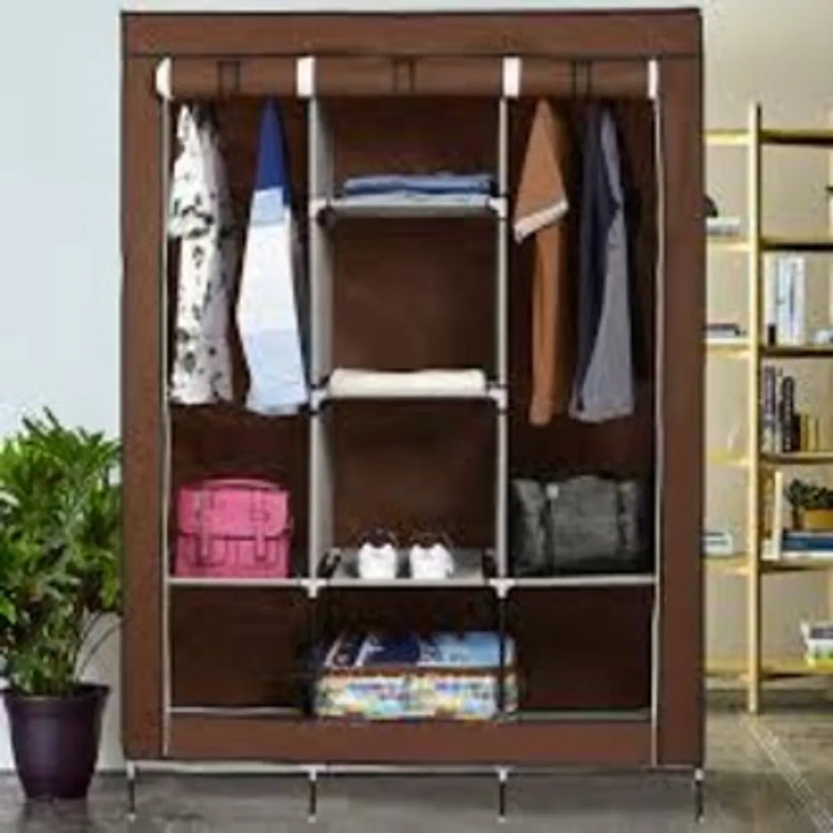 Portable Folding Wardrobe With Metal Frame & Dustproof Cover - Multicolor