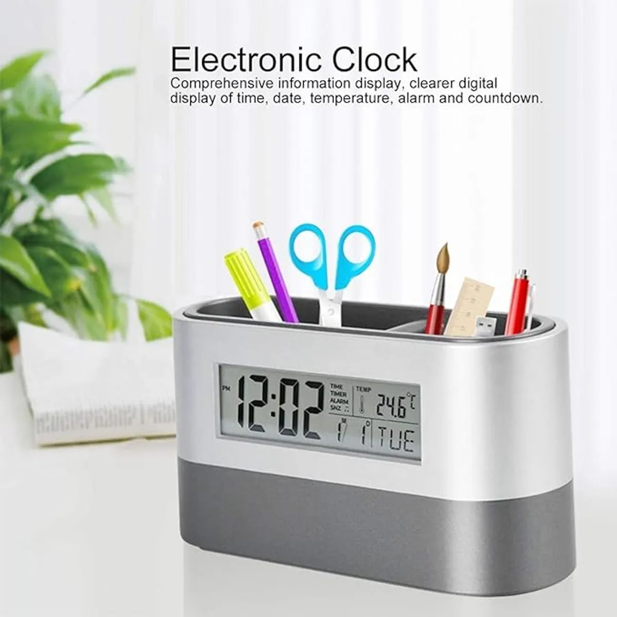 Multifunction Oval Desk Organizer with Digital Clock & Pen Holder - Multicolor