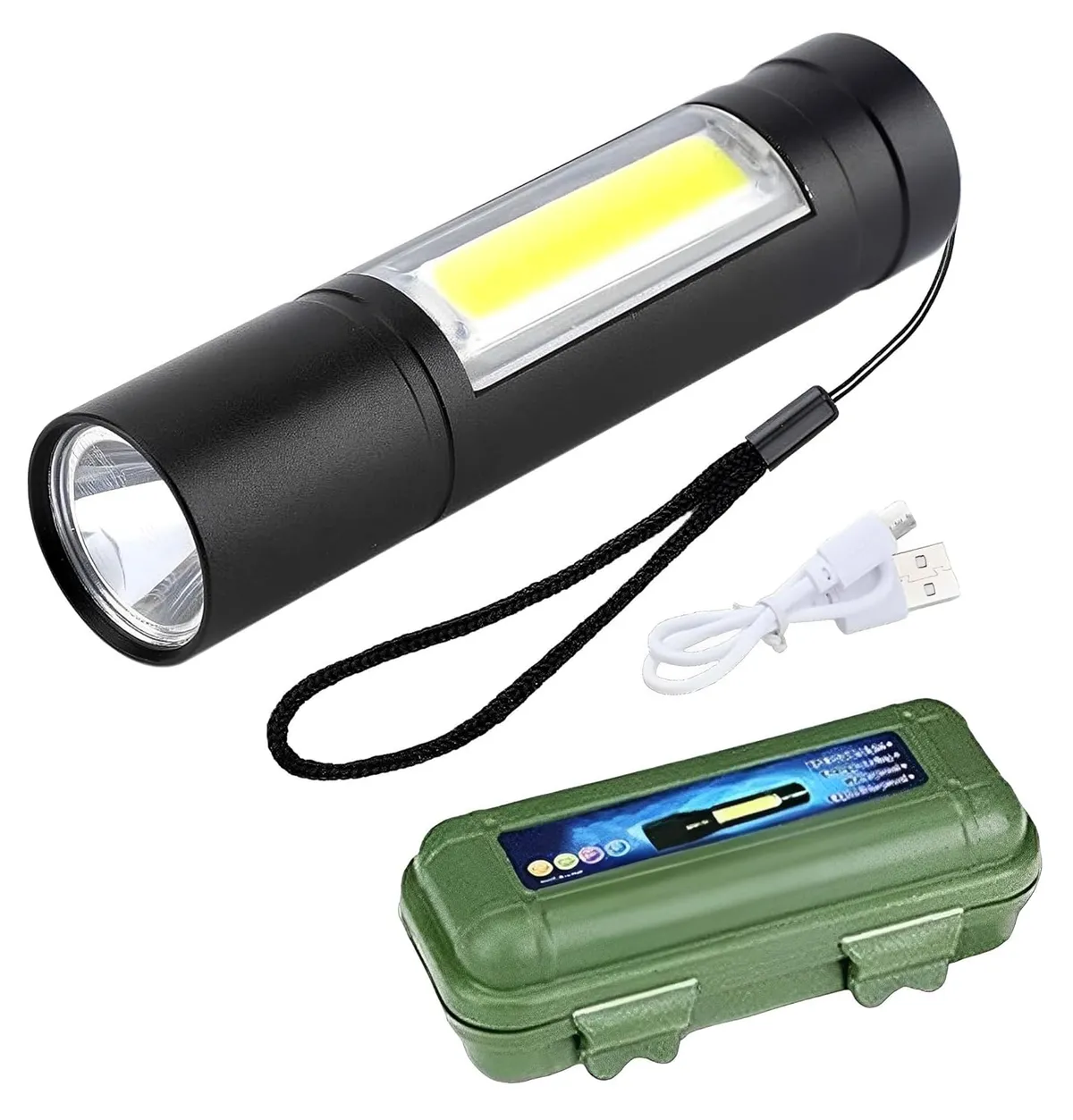 Rechargeable USB LED Flashlight Mini Torch with COB Side Lantern - Multicolor