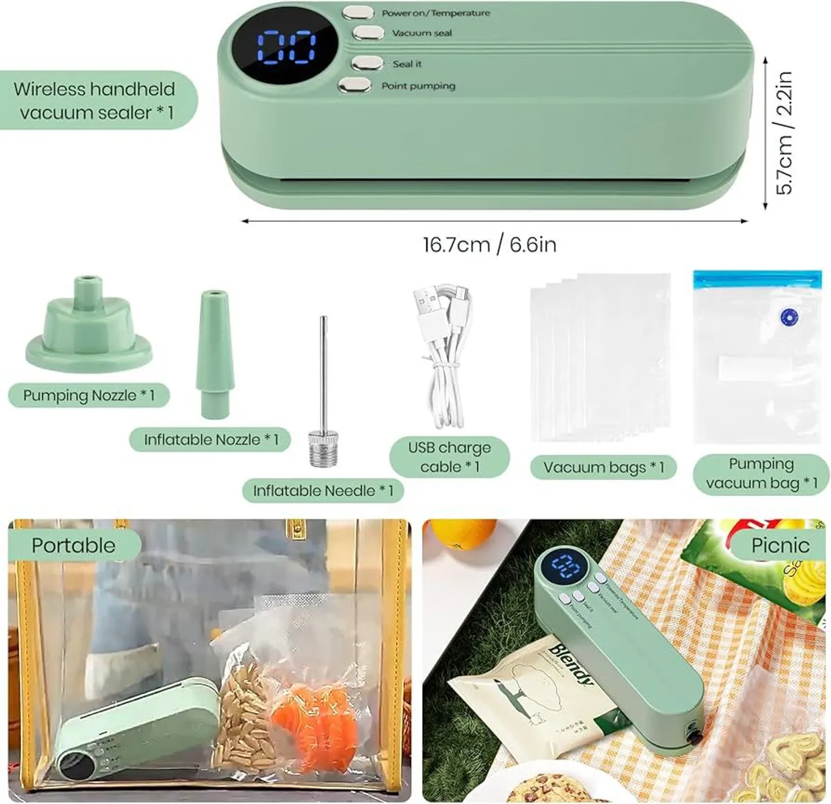 Mini Cordless Vacuum Sealer with 3-in-1 Handheld Resealer Rechargeable Portable Food Storage - Multicolor