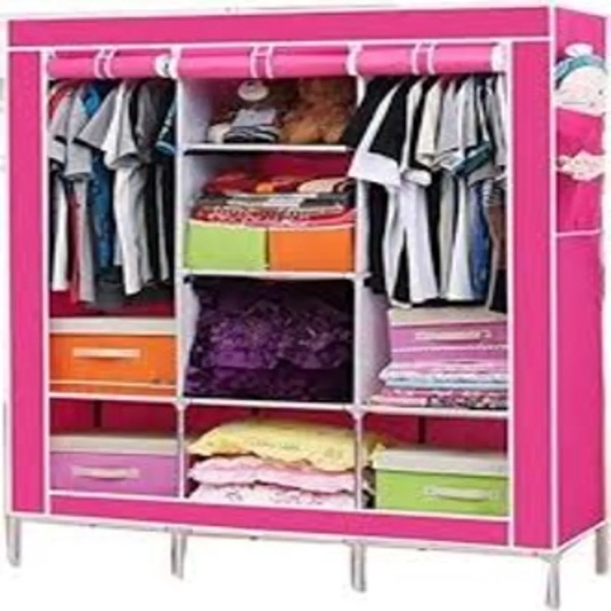 Portable Folding Wardrobe with Metal Frame & Dustproof Cover - Multicolor
