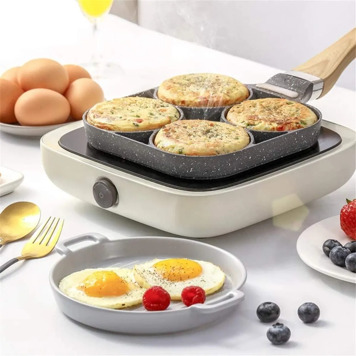4-Hole Non-Stick Omelet & Pancake Frying Pan for Breakfast - 8×8in