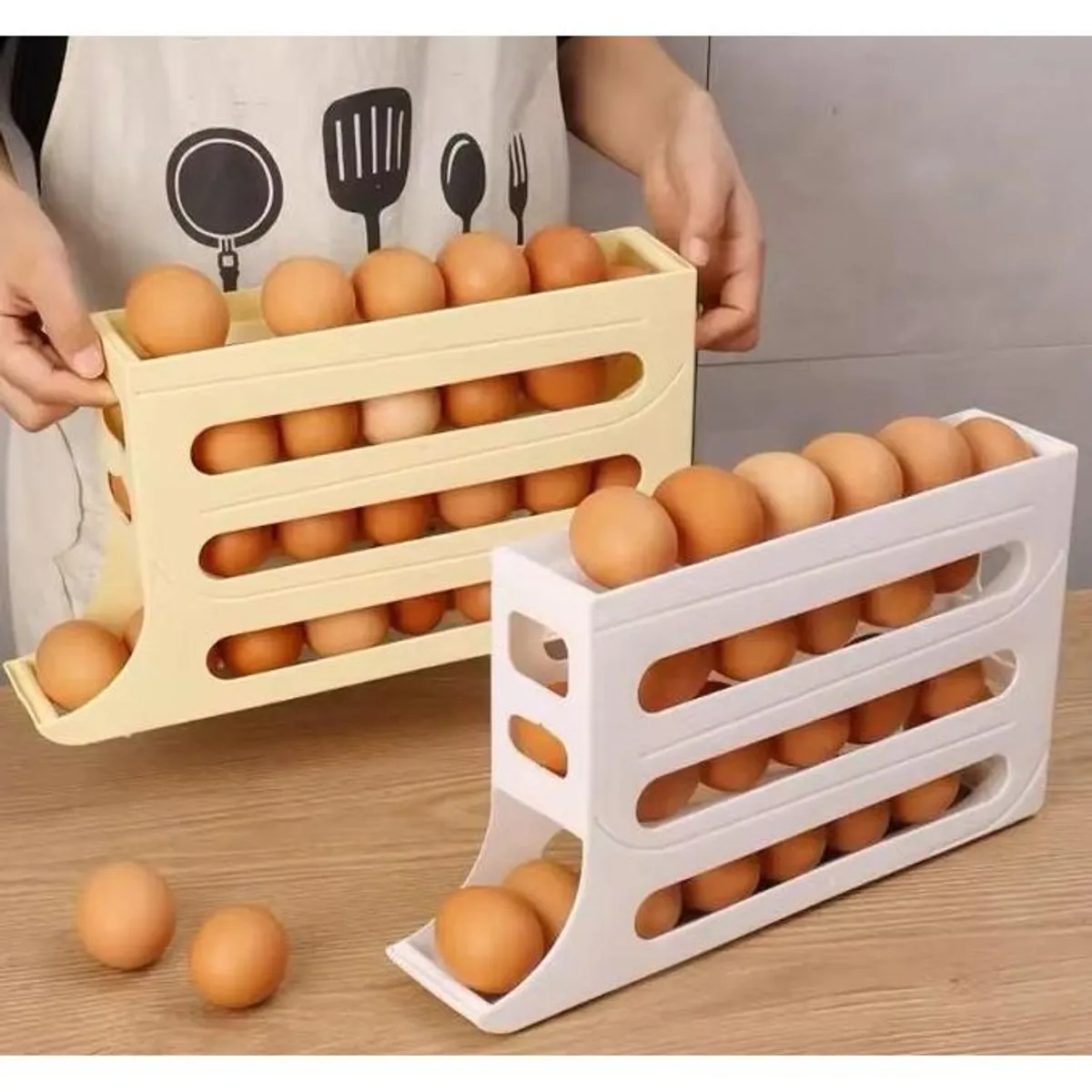 Automatic Rolling Egg Rack Large Capacity Space-Saving Kitchen & Fridge Organizer (Cream)