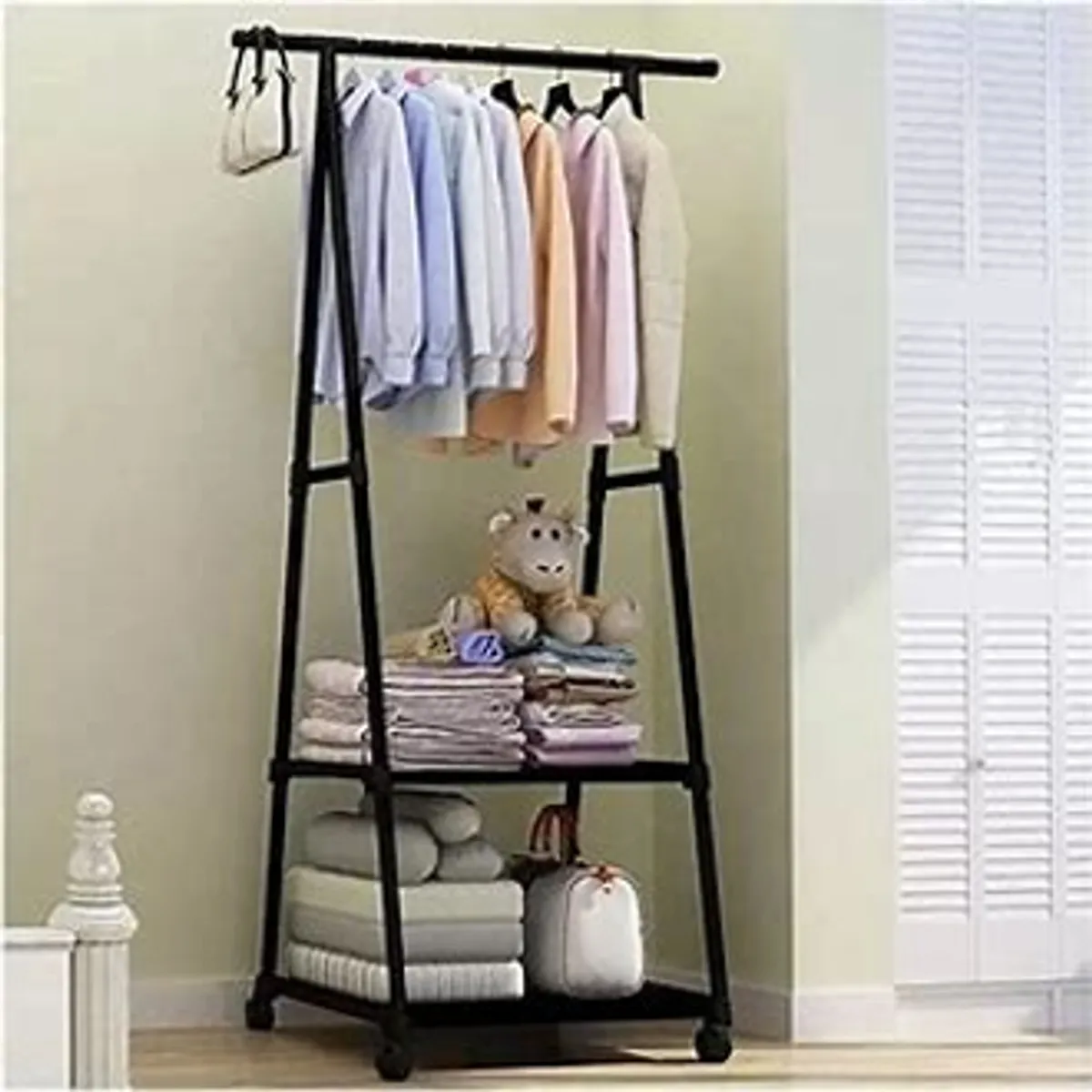 Triangle Coat Rack With Wheels Mobile Multi-Layer Shelves - Black