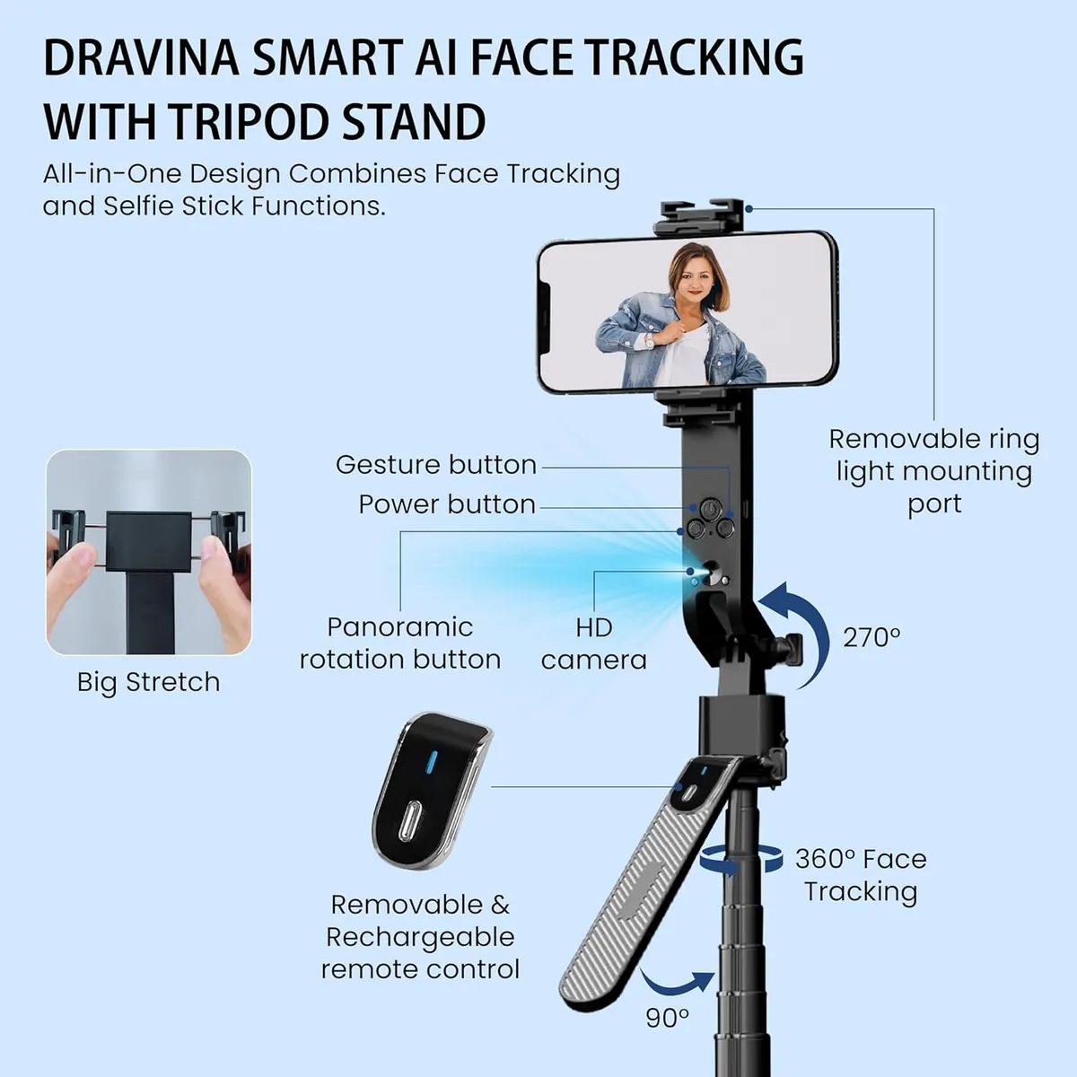 Smart Auto Face Tracking Tripod with 360° Rotating Phone Holder - (Black)
