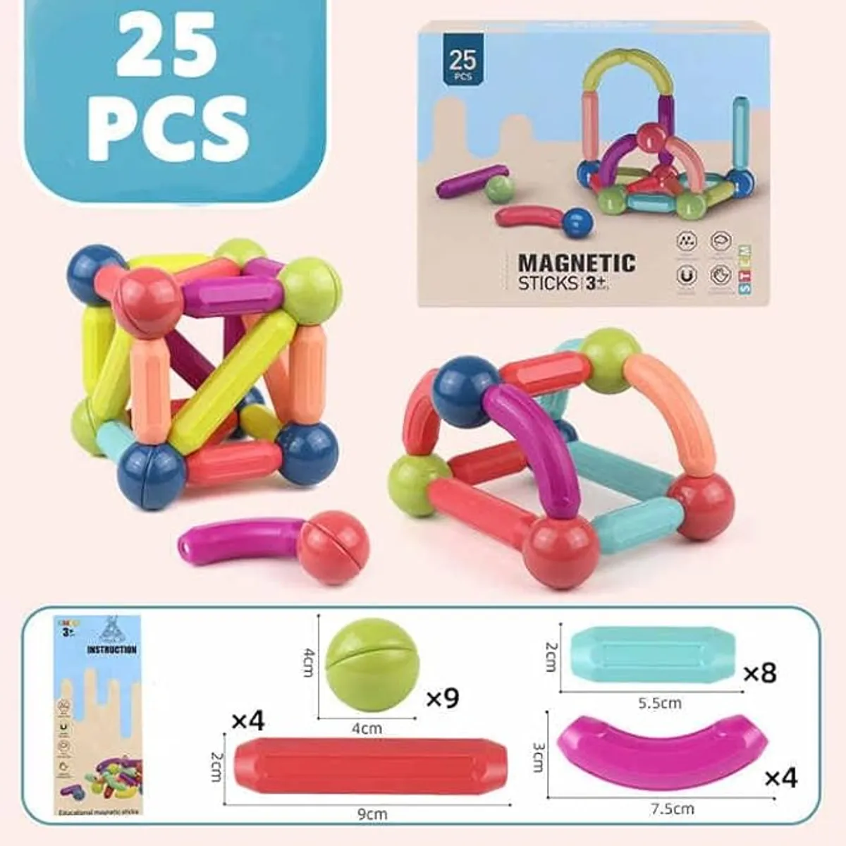 Magnetic Stick Building Blocks Stem Learning Toy - 25 Pieces - Multicolor