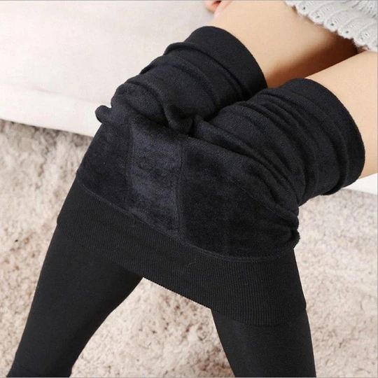 Winter Thick Fur Black High Waist Leggings For Women