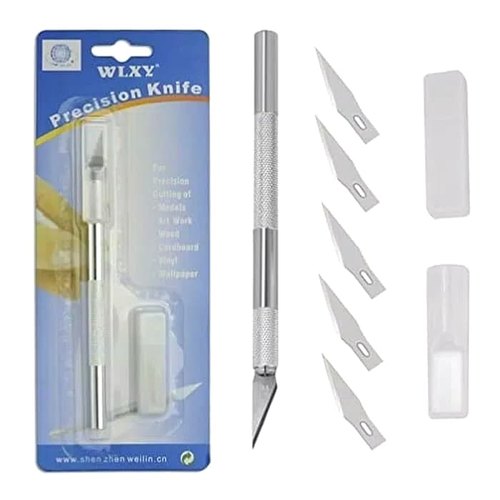 Stainless Steel Precision Hobby Knife Set With 5 Spare Blades - Silver